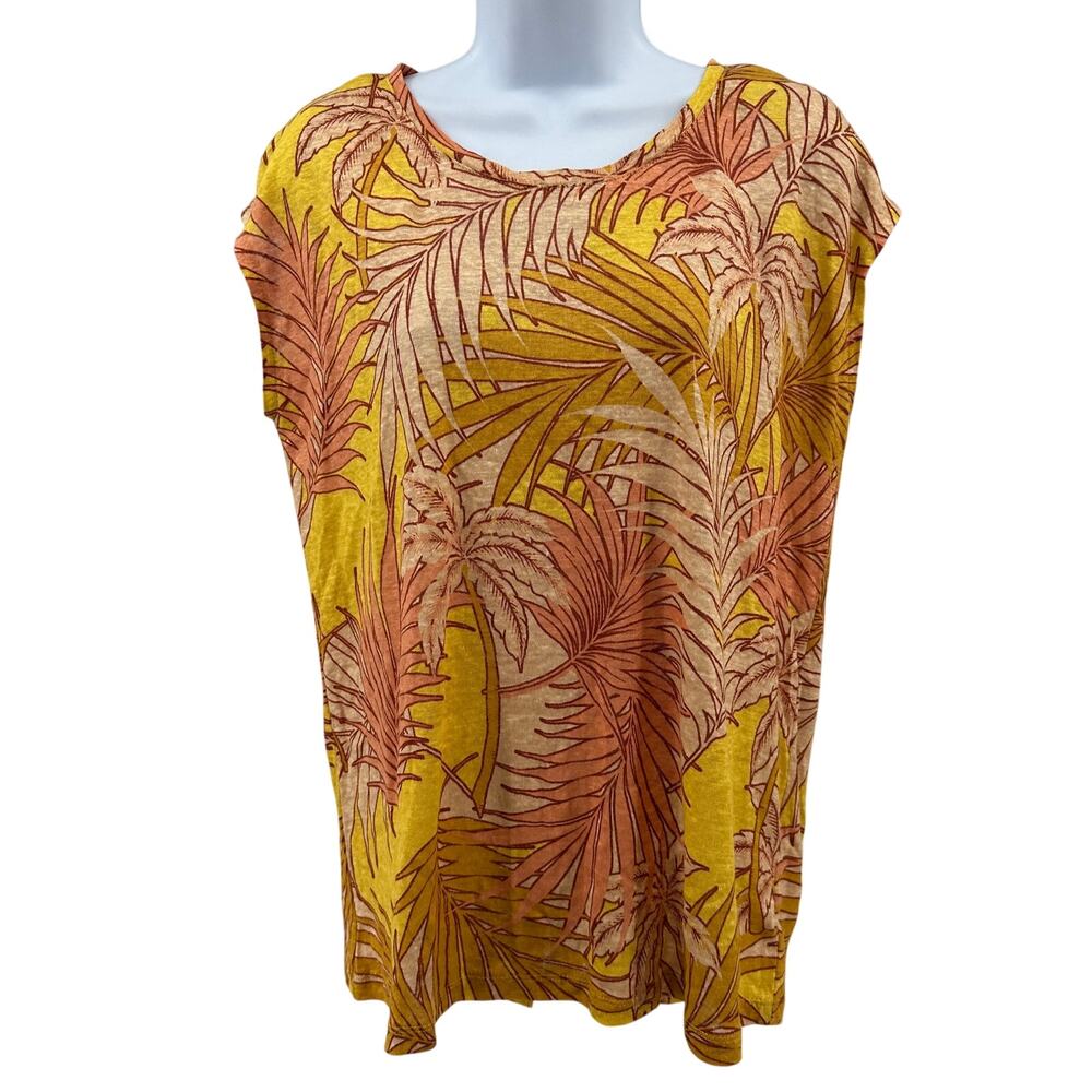 Tahari Luxe Linen Top WMNS M Orange Yellow Tropical Print Back Button Sleeveless